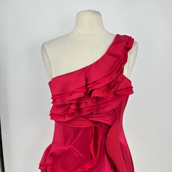 BCBDMaxAzria Womens 12 One Shoulder Mini Cocktail Dress Berry Red Y2K Ruffles - Picture 3 of 12